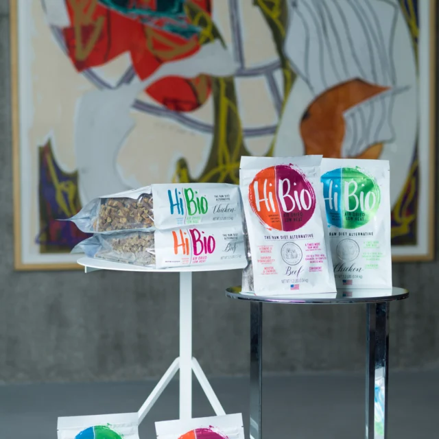 Two tables display Hi Bio snacks in colorful packaging, with three bags upright and three bags lying flat, set against a blurred abstract painting background.