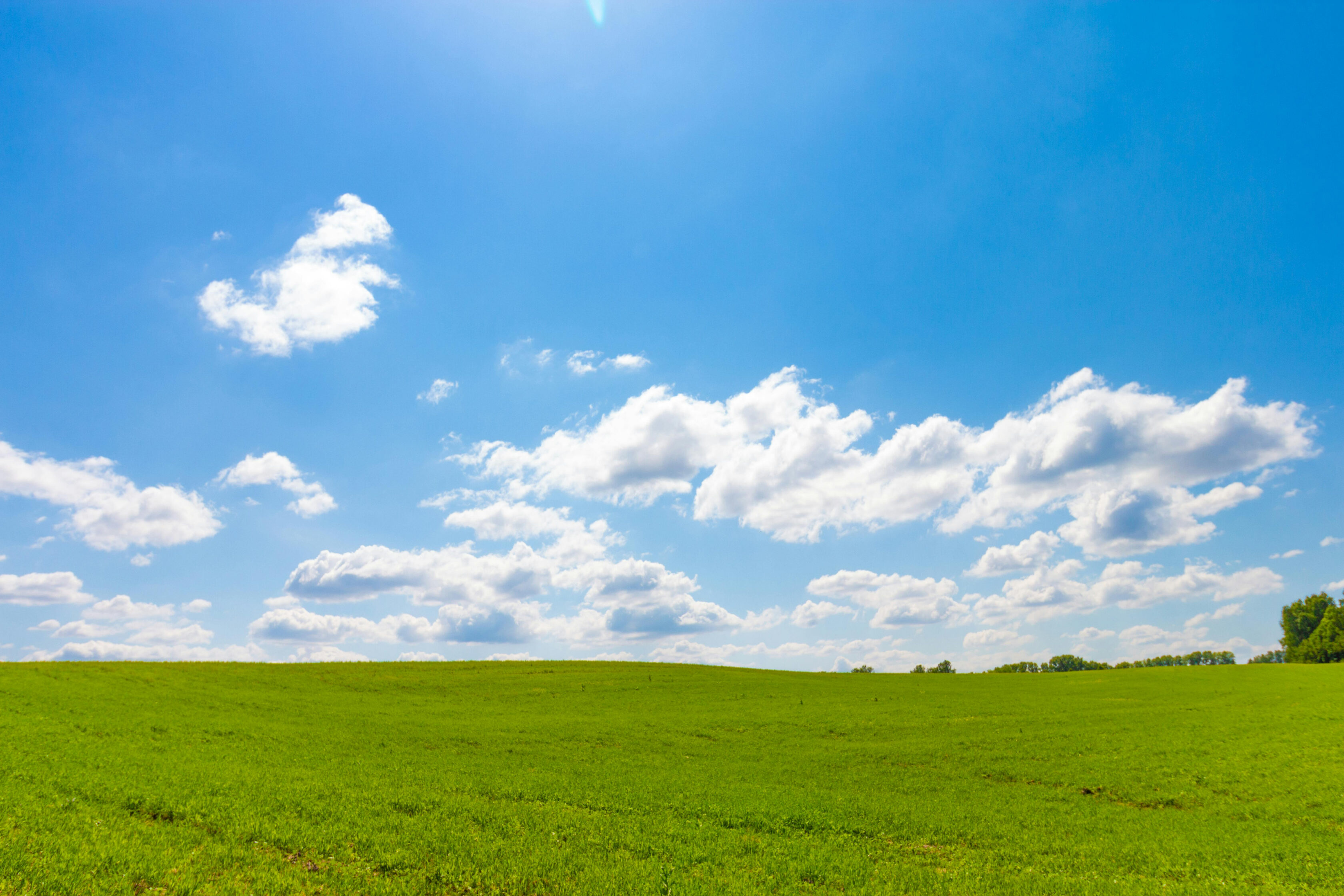 A wide green field under a bright blue sky with scattered white clouds and sunlight overhead.