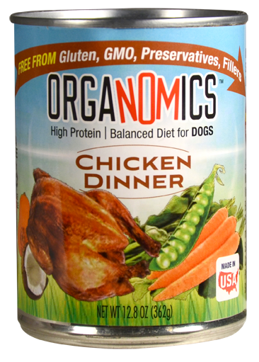 A can from the Variety Pack for Dogs (case of 12, 12.5 oz cans), featuring Organomics Chicken Dinner—labeled as high protein, balanced diet, made in the USA, and free from gluten, GMOs, preservatives, and fillers.