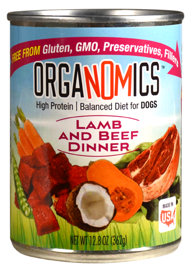 A can from the Variety Pack for Dogs – Case of 12 (12.5 oz cans), labeled as high protein, gluten-free, GMO-free, and preservative-free, made in the USA, with images of ingredients featured on the label.