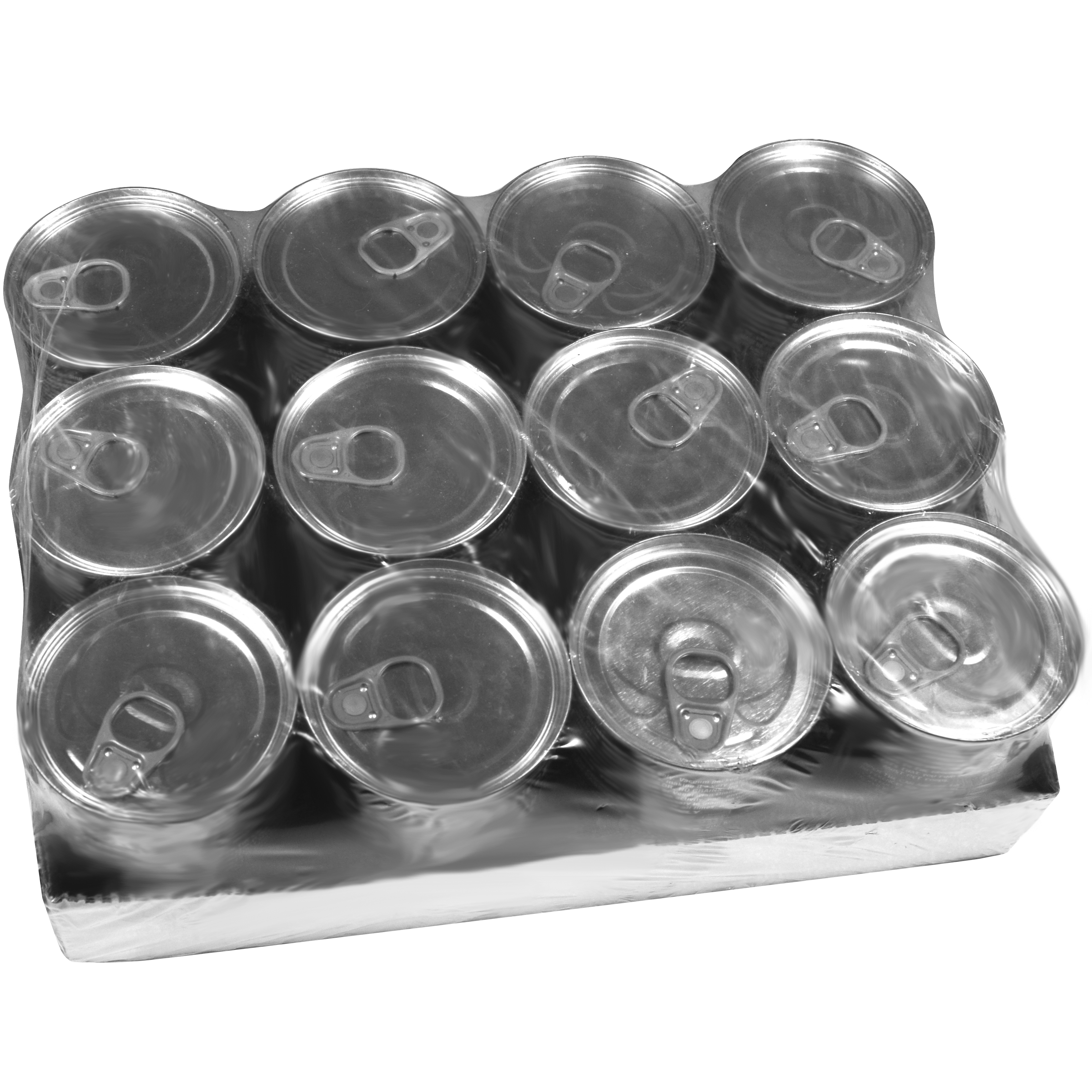 A 12-pack of OrgaNOMics Turkey Duck & Chicken Dinner for Dogs (12.5 oz cans) in a transparent plastic-wrapped tray, viewed from above on a plain white background.