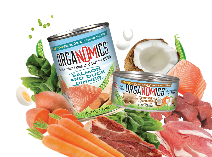 Two Organnomics dog food cans with salmon, chicken, vegetables, coconut, and raw meats displayed around them, emphasizing high protein and balanced diet for dogs.