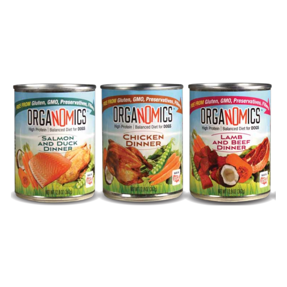 A Variety Pack for Dogs - Case of 12, 12.5 oz Cans, featuring three different ORGANOMICS dog food flavors—Salmon and Duck, Chicken, and Lamb and Beef—with images of ingredients displayed on the labels.