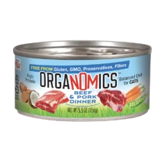 A 5.5 oz (156g) can of OrgaNOMics Beef and Pork Dinner for Cats, a high-protein, balanced diet free from gluten, GMOs, preservatives, and fillers.