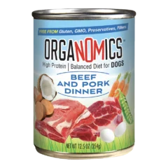 A can of OrgaNOMics Beef and Pork Dinner for Dogs, featuring images of beef, pork, eggs, coconut, carrots, and peas on the label. Net weight: 12.5 oz (354g).