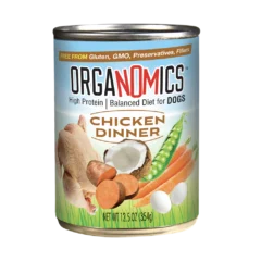 A can of OrgaNOMics Chicken Dinner for Dogs, featuring images of chicken, coconut, sweet potato, carrots, peas, and eggs on the label.
