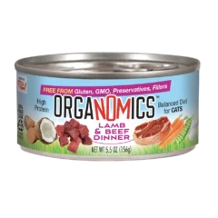A can from the OrgaNOMics Lamb and Beef for Cats pack (24, 5.5 oz cans), featuring ingredients and claims such as high protein and free from gluten, GMOs, preservatives, and fillers. Net weight is 5.5 oz (156g).