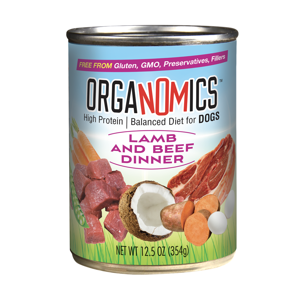 A 12.5 oz can of OrgaNOMics Lamb and Beef Dinner for Dogs, with a label displaying images of meat, coconut, carrots, and sweet potato.