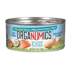 A 5.5 oz can of OrgaNOMics Salmon and Duck Dinner for Cats, labeled high protein, gluten and GMO free, balanced diet for cats.