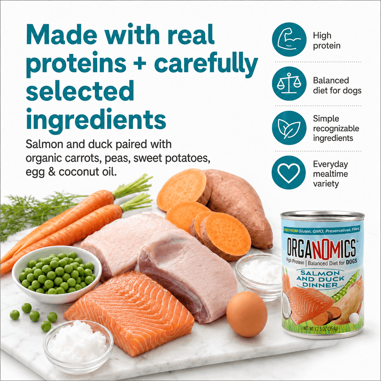 A can of OrgaNOMics Salmon and Duck Dinner for Dogs features real salmon, duck, sweet potatoes, carrots, peas, egg, and coconut oil with ingredient icons displayed on a white surface. The text emphasizes real proteins and select ingredients.