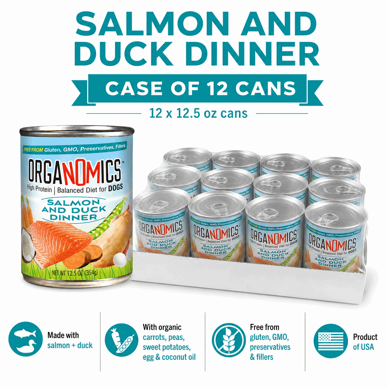 Case of 12 OrgaNOMics Salmon and Duck Dinner for Dogs, 12.5 oz cans each, featuring highlighted ingredients, no additives, and proudly made in the USA.