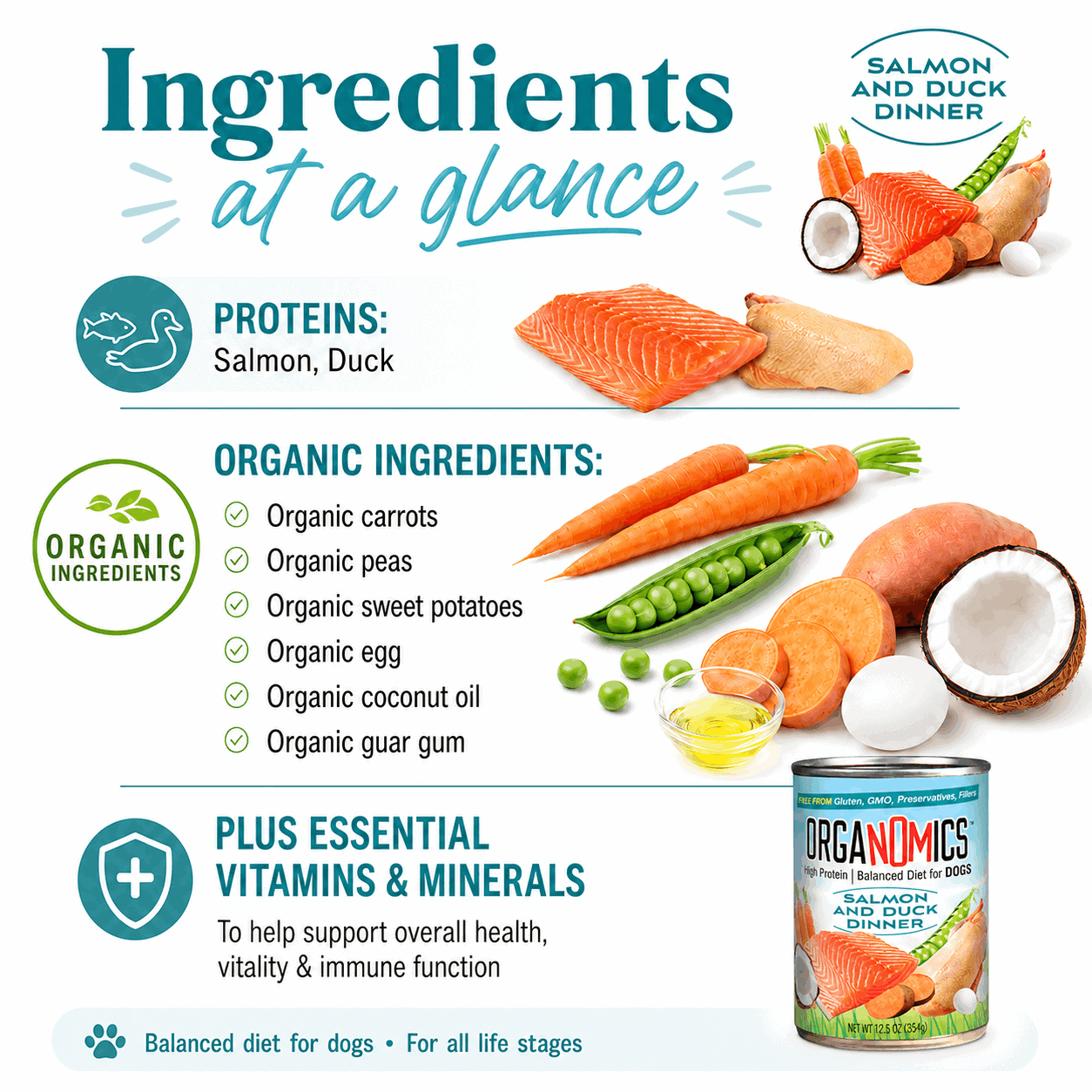 A can of OrgaNOMics Salmon and Duck Dinner for Dogs, featuring images of salmon, duck, carrots, peas, sweet potatoes, eggs, and coconut oil on the label, along with text highlighting organic ingredients and nutritional information. Available in a pack of 12 cans (12.5 oz each).
