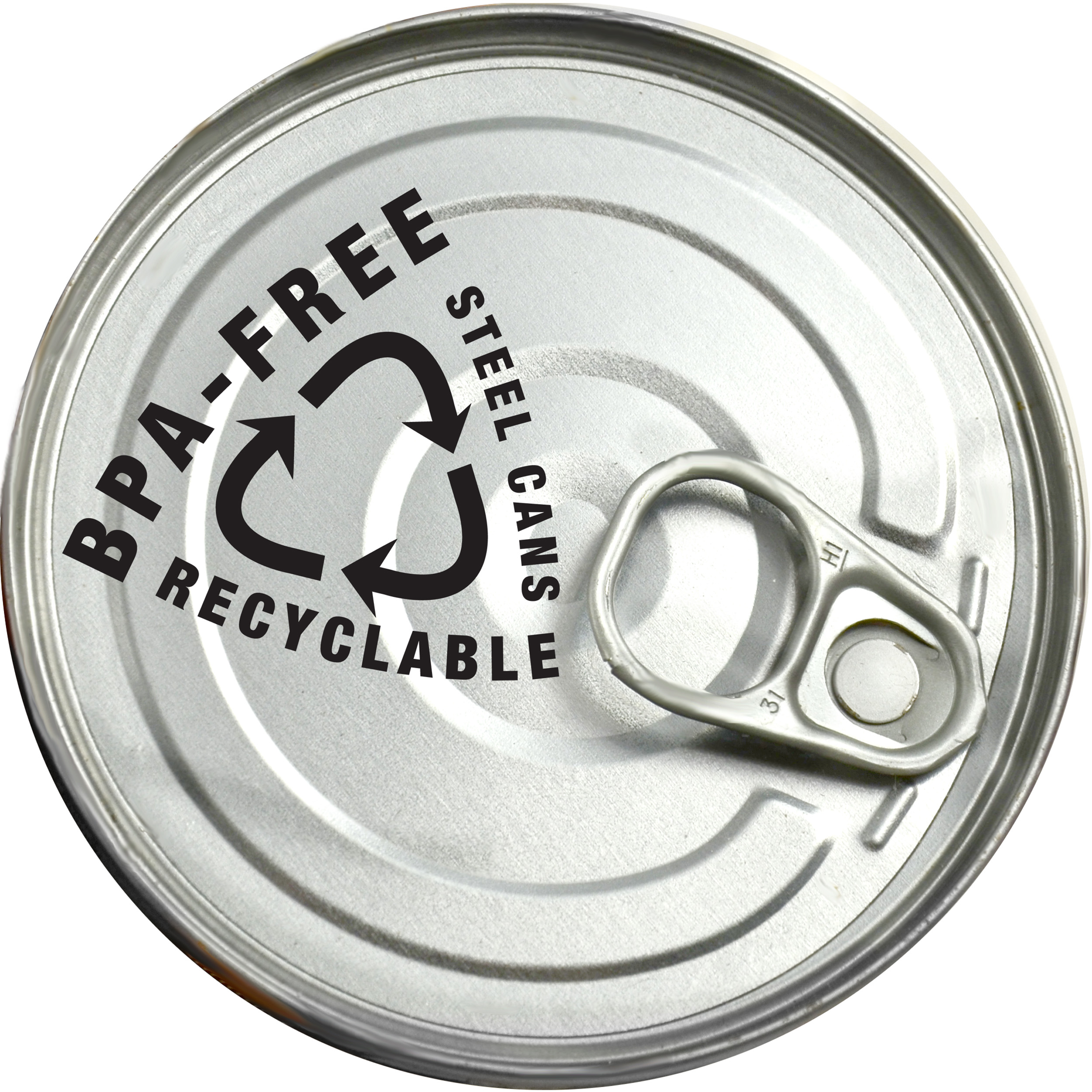 Top view of an OrgaNOMics Salmon and Duck Dinner for Dogs can lid (12.5 oz) featuring a steel pull tab, with "BPA-Free," "Recyclable," and "Steel Cans" text alongside a black recycling symbol.