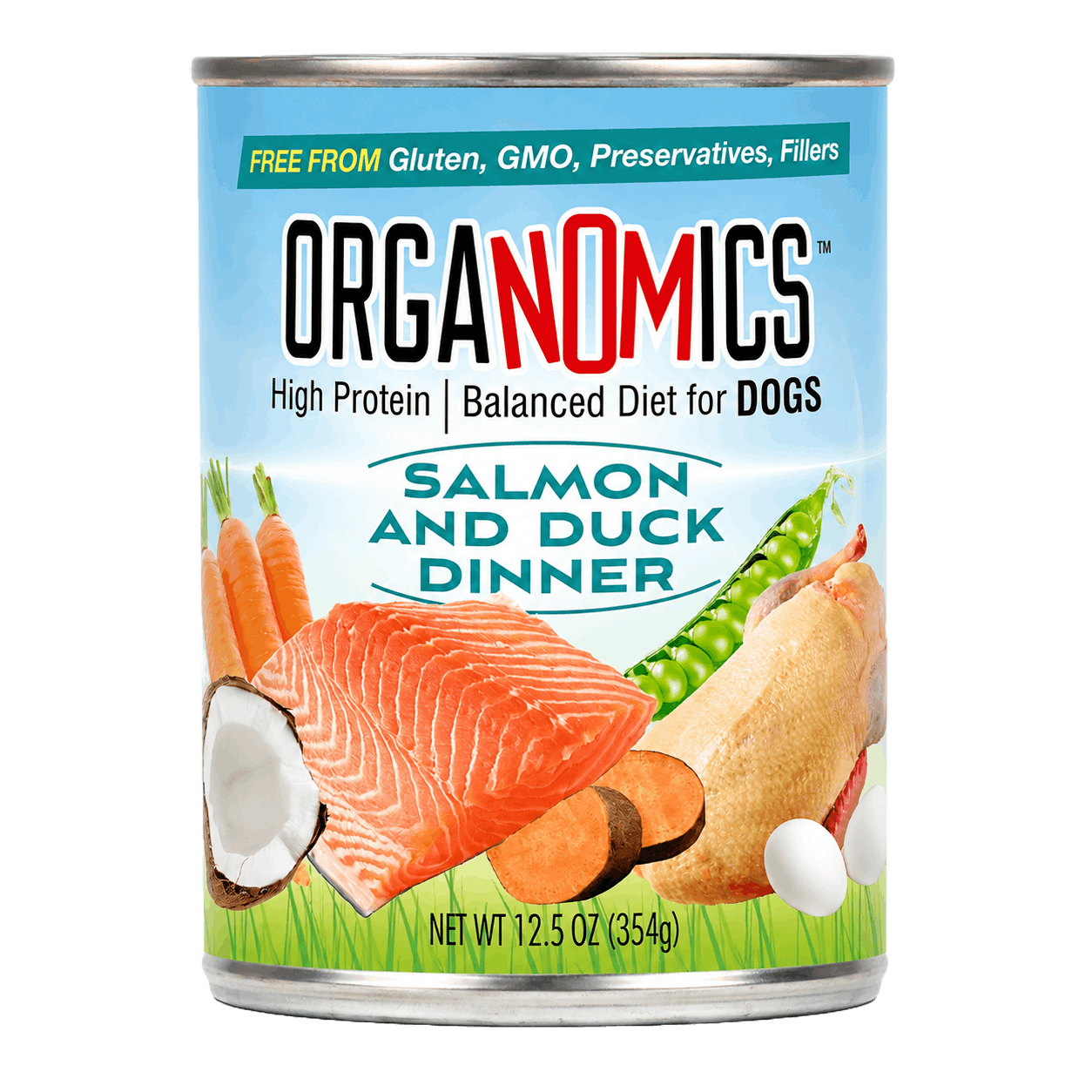 A 12.5 oz can from the OrgaNOMics Salmon and Duck Dinner for Dogs pack (12 cans), displaying salmon, duck, carrots, peas, and coconut visuals alongside text emphasizing its high-protein content, balanced nutrition, and gluten- and GMO-free formulation.