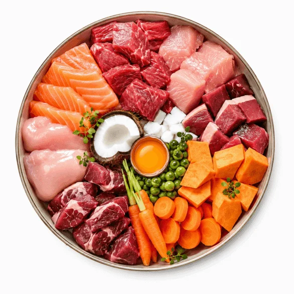 A round platter with assorted raw meats, fish, chicken, vegetables, peas, carrots, cubed sweet potato, coconut pieces, and a raw egg yolk in the center, all on a white background.