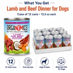 Case of 12 OrgaNOMics Lamb and Beef Dinner for Dogs, each 12.5 oz can; labeled as high protein and balanced diet, includes product features and images of both the cans and the food.