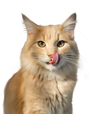 A fluffy orange cat with yellow eyes sits facing forward, licking its nose with its tongue curled to the left.